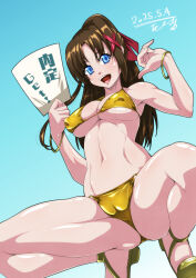 1girl bikini blue_eyes blush bracelet breasts brown_hair cameltoe covered_erect_nipples gold_bikini golden_week hair_ornament highres holding holding_paper jewelry large_breasts long_hair looking_at_viewer lyrical_nanoha mahou_shoujo_lyrical_nanoha navel open_mouth paper ponytail sandals smile solo spread_legs squatting swimsuit tappa_(esperanza) yagami_hayate