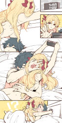 Rule 34 | !?, 1boy, 1girl, ass, azumi (myameco), blonde hair, blue eyes, blush, breasts, butt crack, command spell, commentary, completely nude, ereshkigal (fate), fate/grand order, fate (series), fujimaru ritsuka (male), hair ribbon, hetero, hug, long hair, medium breasts, nude, one eye closed, red eyes, red ribbon, ribbon, sweat, symbol-only commentary