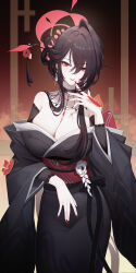 1girl absurdres bare_shoulders black_hair blue_archive breasts bug butterfly choker earrings hair_ornament hair_stick halo highres insect jewelry jianshu kokuriko_(blue_archive) large_breasts long_hair looking_at_viewer obi obijime pale_skin red_eyes red_nails sash solo