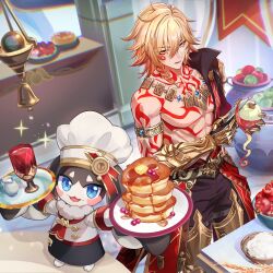 1boy 1other abs absurdres apple apple_peel aratakosu_(tako&#039;s) arm_tattoo armlet armor belt black_belt black_coat black_pants blonde_hair blue_eyes bowl braid butter chalice chef_hat chest_tattoo chromatic_aberration coat coat_partially_removed collarbone commentary_request counter creamer_(vessel) cup earrings facial_tattoo food food_request fruit gauntlets gold_armlet gold_earrings gold_necklace gradient_hair hands_up hat highres holding holding_food holding_fruit holding_knife holding_tray honkai:_star_rail honkai_(series) jacket jewelry kitchen_knife knife long_sleeves looking_at_viewer lower_teeth_only male_focus medium_hair multicolored_hair mydei_(honkai:_star_rail) neck_tattoo necklace official_art open_mouth pancake pancake_stack pants pauldrons pectorals peeling pom-pom_(clamoring_fry-master!)_(honkai:_star_rail) pom-pom_(honkai:_star_rail) red_coat red_hair red_ribbon ribbon shoulder_armor shoulder_tattoo side_braid single_braid single_earring single_pauldron sleeve_cuffs sparkle standing stomach_tattoo syrup table tattoo teeth tray v-shaped_eyebrows wheat white_hat white_jacket yellow_eyes