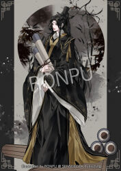 1girl bamboo black_hair black_hanfu braid chinese_clothes circlet closed_mouth full_body grey_eyes hanfu high_ponytail highres holding holding_scroll ling_wen lipstick long_hair long_sleeves looking_ahead makeup official_art ponytail ronpu_cooing scroll smile solo standing tassel tianguan_cifu wide_sleeves xiao_guan_(headdress)