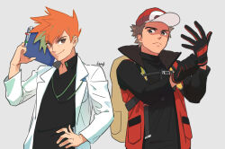 2boys adjusting_clothes adjusting_gloves backpack bag baseball_cap black_gloves black_shirt blue_oak boba_msize brown_hair folder gloves hat holding holding_folder jacket lab_coat long_sleeves looking_at_viewer male_focus multiple_boys nintendo orange_hair pokemon red_(pokemon) red_jacket shirt sleeveless sleeveless_jacket spiked_hair