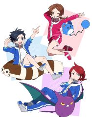 1girl 2boys animal_ears arms_up black_eyes black_hair blue_footwear blue_jacket blue_shorts brown_eyes brown_hair colored_sclera commentary_request cowlick crobat ethan_(pokemon) furret gen_2_pokemon grey_eyes grin highres jacket long_sleeves lyra_(pokemon) marill medium_hair multiple_boys nintendo nisanrei121 one_eye_closed open_clothes open_jacket pants pink_jacket pink_shoes pink_shorts pokemon pokemon_(creature) pokemon_hgss red_eyes red_hair shirt shoes short_hair shorts silver_(pokemon) single_vertical_stripe sleeves_rolled_up smile track_jacket track_pants turtleneck turtleneck_jacket twintails unzipped white_shirt wings yellow_sclera zipper zipper_pull_tab