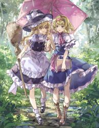 2girls alice_margatroid apron black_dress black_hat black_jacket blonde_hair blue_dress bow dress forest hat highres jacket kirisame_marisa looking_at_another multiple_girls nanop38 nature shared_umbrella shirt touhou umbrella white_apron white_bow white_shirt