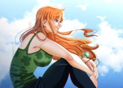 1girl armpit_crease bangle bare_shoulders black_pants blue_sky bracelet breasts brown_eyes camisole closed_mouth cloud cloudy_sky commentary earrings english_commentary feet_out_of_frame floating_hair from_side green_camisole highres iamosix2 jewelry large_breasts log_pose long_hair nami_(one_piece) one_piece orange_hair outdoors pants pearl_earrings profile sidelocks sitting sky smile solo spaghetti_strap wavy_hair