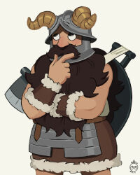 1boy axe beard brown_hair cowboy_shot dungeon_meshi dwarf facial_hair fake_horns helmet holding holding_axe horned_helmet horns long_beard looking_up male_focus mustache senshi_(dungeon_meshi) solo soru_ani stroking_beard thick_mustache thinking very_long_beard wok