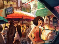 Rule 34 | 3girls, 4boys, 6+boys, apron, artist self-insert, breasts, brown eyes, brown hair, car, casual, cellphone, city, coat, crowd, double bun, everyone, fedora, food, fruit, glasses, glowing, glowing eyes, hair bun, hat, highres, koala, long hair, market, mirror, motor vehicle, multiple boys, multiple girls, opaque glasses, orange (fruit), original, outdoors, partially translated, patipat asavasena, phone, power lines, rear-view mirror, reflection, road, road sign, round eyewear, short hair, sign, skirt, small breasts, street, tank top, thai text, translation request, trench coat, when you see it