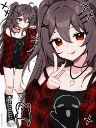 1girl alternate_costume artist_name bandaid bandaid_on_knee bandaid_on_leg black_boots black_nails black_shirt black_shorts boots brown_hair genshin_impact ghost_print hand_up highres hu_tao_(genshin_impact) jewelry lace-up_boots long_hair long_sleeves looking_at_viewer multiple_views necklace open_clothes open_shirt plaid_clothes plaid_shirt print_shirt red_eyes shirt short_shorts shorts standing two_side_up vickie_(cryingrobot)