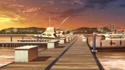 blue_sky boat building cloud cloudy_sky dock fishing_rod fog forest gradient_background highres mountainous_horizon nature no_humans non-web_source ocean official_art our_life:_beginnings_and_always outdoors palm_tree pier ship sky sunset tree water watercraft wooden_floor