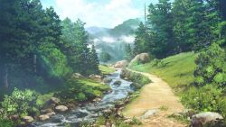 blue_sky bush cloud cloudy_sky day dirt_road fog forest haze highres lens_flare mountainous_horizon nature no_humans non-web_source official_art our_life:_beginnings_and_always outdoors park path river riverbank road rock scenery sky tree