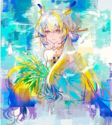 1girl absurdres arknights baixiaogao264 bare_shoulders blonde_hair chinese_commentary closed_mouth collarbone commentary_request cropped_torso dragon_girl dragon_horns fading green_eyes hair_between_eyes highres holding holding_plant horns jewelry long_hair looking_at_viewer multicolored_hair necklace off_shoulder plant purple_hair shu_(arknights) solo surreal wheat white_hair