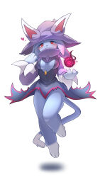 1girl absurdres animal_ears animal_feet animal_hands animal_nose barefoot black_dress blue_fur blue_hair blush body_fur breasts breasts_apart cat_ears cat_girl cat_tail claws closed_mouth dress energy_ball feet female_focus floating full_body furry furry_female groin hands_up happy hat highres katress knees_together_feet_apart lalamedli long_sleeves looking_at_viewer magic medium_breasts medium_hair no_panties palworld pawpads purple_hat red_eyes red_trim short_dress shrug_(clothing) simple_background smile solo tail two-tone_fur white_background white_fur wide_sleeves witch_hat