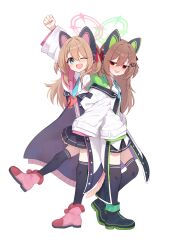 2girls animal_ear_headphones animal_ears bitseon black_shorts black_skirt black_thighhighs blue_archive blue_eyes blue_necktie brown_hair cat_ear_headphones cat_ears cosplay evil_neuro-sama fake_animal_ears green_halo hair_ornament hairclip halo headphones heart heart_hair_ornament highres jacket long_hair long_sleeves midori_(blue_archive) midori_(blue_archive)_(cosplay) miniskirt momoi_(blue_archive) momoi_(blue_archive)_(cosplay) multiple_girls necktie neuro-sama one_eye_closed open_mouth pink_halo pink_shoes pleated_skirt red_eyes shoes short_shorts shorts simple_background skirt thighhighs vedal_ai white_background white_jacket