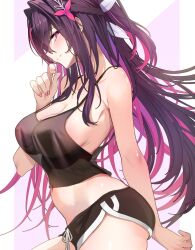 1girl azki_(hololive) bare_arms black_camisole black_hair black_shorts braid breasts camisole cleavage closed_mouth colored_inner_hair commentary_request crop_top dolphin_shorts double-parted_bangs from_side hair_intakes hair_ornament hairclip half_up_half_down_braid hand_up highres hololive large_breasts long_hair looking_at_viewer micro_shorts midriff multicolored_hair nail_polish navel no_bra omoti_(1201208) pink_hair pink_nails purple_eyes revision see-through_silhouette shorts sideboob sidelocks simple_background smile solo spaghetti_strap streaked_hair very_long_hair virtual_youtuber white_hair