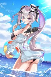 1girl amane_konata ass ball bare_shoulders beachball bikini black_bikini black_halo black_wings blush cowboy_shot feathered_wings food from_behind grey_hair halo highres holding holding_ball holding_beachball holding_food holding_popsicle hololive inokeiwd looking_at_viewer ocean partially_submerged popsicle purple_eyes purple_hair see-through_clothes see-through_shirt shirt solo standing star_halo swimsuit virtual_youtuber wings