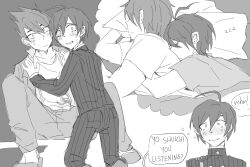 2boys blush chez_(gooselover) clenched_teeth commentary cuddling danganronpa_(series) danganronpa_v3:_killing_harmony english_commentary english_text facial_hair formal_clothes head_on_pillow highres male_focus momota_kaito multiple_boys pants pillow saihara_shuichi shirt short_hair sleeping smile speech_bubble spread_legs suit sweat teeth yaoi zzz