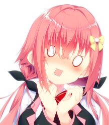 Rule 34 | 1girl, black bow, blank eyes, blush, bow, bowtie, cat hair ornament, clenched hands, closed mouth, commentary, crossed bangs, embarrassed, fuwa mochiri, hair between eyes, hair bow, hair intakes, hair ornament, hamidashi creative, hands up, highres, long hair, long sleeves, looking at viewer, low twintails, nose blush, o o, open mouth, pink hair, rectangular mouth, red bow, red bowtie, school uniform, selfie, shirt, sidelocks, simple background, solo, star (symbol), tokiwa kano, twintails, upper body, wavy mouth, white background, white shirt, yellow bow