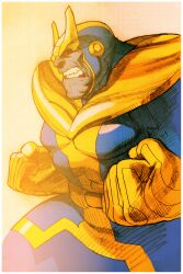 1boy angry armor avengers_(series) bengus black_sclera bodysuit boots border capcom clenched_hands colored_sclera colored_skin facing_to_the_side game_cg giant helmet highres infinity_gauntlet male_focus marvel marvel_vs._capcom marvel_vs._capcom_2 muscular non-web_source official_art purple_skin red_pupils scan shoulder_pads sidelighting simple_background solo teeth thanos