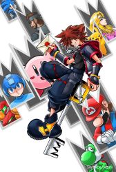 2girls 4boys absurdres beard blonde_hair blue_eyes breasts brown_hair capcom charm_(object) dinosaur expressionless facial_hair gen_1_pokemon gloves grin hat headband helmet highres keyblade kingdom_hearts kingdom_hearts:_chain_of_memories kirby kirby_(series) konami looking_at_viewer mario mario_(series) mega_man_(character) mega_man_(series) metal_gear_(series) metal_gear_solid metroid multiple_boys multiple_girls mustache nintendo pikachu pokemon pokemon_(creature) princess_zelda samus_aran sega shorts smile smug solid_snake sonic_(series) sonic_the_hedgehog sora_(kingdom_hearts) square_enix super_mario_bros._1 super_smash_bros. tail the_legend_of_zelda the_legend_of_zelda:_a_link_between_worlds tiara yoshi