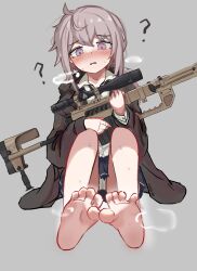 1girl ? absurdres ahoge barefoot black_necktie black_skirt blush bolt_action brown_jacket cheytac_m200 commentary_request feet foot_focus girls&#039;_frontline grey_background grey_hair gun highres holding holding_weapon jacket korean_commentary looking_down loose_necktie m200_(girls&#039;_frontline) namsek necktie nose_blush open_clothes open_jacket panties pantyshot parted_lips pleated_skirt purple_eyes rifle sidelocks simple_background sitting skirt sniper_rifle soles solo sweat toes underwear weapon white_panties