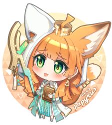 Rule 34 | 1girl, :p, absurdres, ahoge, aqua dress, arknights, blush, book, border, brown gloves, character name, chibi, chibi only, commentary, dress, full body, gloves, green eyes, highres, holding, holding book, holding staff, jewelry, long hair, no nose, orange hair, orange tail, outside border, papyrus (arknights), single glove, solo, staff, standing, symbol-only commentary, tail, tail ornament, tail raised, tail ring, th3cr0ma, tongue, tongue out, uroko (pattern), white border, white dress