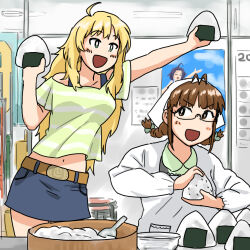 akizuki_ritsuko annko belt blonde_hair braid calendar_(object) food glasses green_eyes hoshii_miki idolmaster idolmaster_(classic) light_blush looking_at_another off-shoulder_shirt off_shoulder office onigiri open_mouth outstretched_arm shirt skirt twin_braids