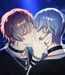 2boys alternate_costume aoyagi_touya arm_up belt belt_buckle black_choker black_shirt blue_hair bracelet brown_eyes buckle chain chain_necklace choker commentary crew_neck double-parted_bangs ear_chain ear_piercing earrings hair_between_eyes hand_on_another&#039;s_face hashtag-only_commentary highres jewelry kiss linked_piercing lock male_focus multicolored_hair multiple_boys multiple_earrings multiple_necklaces necklace one_eye_closed piercing project_sekai ray_(lthenray) shinonome_akito shirt short_hair split-color_hair studded_bracelet studded_choker upper_body wrist_belt yaoi