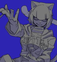 1girl animal_ears blue_background blunt_bangs bone_nigi breasts cat_ears cat_girl cat_tail cropped_jacket foreshortening highres kurogai_(bone_nigi) original simple_background slit_pupils smile solo tail underboob upper_body