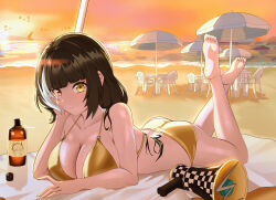 1girl absurdres barefoot beach bikini black_hair bottle breasts collarbone commentary_request girls&#039;_frontline gold_bikini heterochromia highres korean_commentary large_breasts long_hair looking_at_viewer lying m4_sopmod_ii_jr megaphone multicolored_hair ocean on_stomach red_eyes ro635_(girls&#039;_frontline) soles solo streaked_hair sunset swimsuit taylor_(41848077) two-tone_hair yellow_eyes