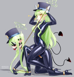 2girls absurdres ball_gag black_blindfold black_bodysuit black_tail blindfold blowing_whistle blue_archive bodysuit chain chain_leash covered_eyes demon_tail flat_chest gag gagged gloves green_hair green_halo halo high_heels highres hikari_(blue_archive) holding holding_leash impossible_bodysuit impossible_clothes incest latex latex_bodysuit leash long_hair maguro27 multiple_girls nozomi_(blue_archive) pet_play pointy_ears rabbit_pose riding saliva siblings sisters skin_tight tail twincest twins twintails very_long_hair whistle white_gloves yellow_eyes
