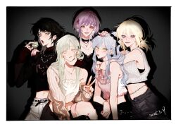 5girls :3 art_program_in_frame ave_mujica_(bang_dream!) bang_dream! bang_dream!_it&#039;s_mygo!!!!! belt black_belt black_choker black_shirt blonde_hair blue_eyes blue_hair camisole chain chain_necklace choker commentary cucumber_hair_ornament dated earrings english_commentary enpera feimeixiangguji food green_hair hair_ornament hairclip hand_on_another&#039;s_chin hand_on_another&#039;s_head hand_on_another&#039;s_shoulder heart heart_hair_ornament highres jewelry long_hair long_sleeves looking_at_viewer macaron medium_hair midriff misumi_uika multiple_girls nail_polish navel necklace off_shoulder open_mouth pink_camisole pink_eyes pink_nails ponytail procreate_(medium) purple_eyes purple_hair red_sweater scarf shirt sidelocks sleeveless sweater togawa_sakiko v very_long_hair wakaba_mutsumi yahata_umiri yellow_eyes yuutenji_nyamu