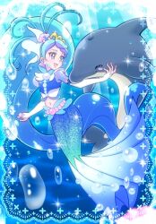 1girl :d blue_background blue_eyes blue_hair blush_stickers bubble crop_top cure_mermaid cure_mermaid_(mode_elegant_bubble) dolphin earrings full_body gloves go!_princess_precure jewelry kaidou_minami long_dress long_hair magical_girl mermaid mermaid_dress midriff monster_girl multicolored_hair nanjou_akimasa navel open_mouth precure purple_hair shell smile streaked_hair two-tone_hair underwater very_long_hair
