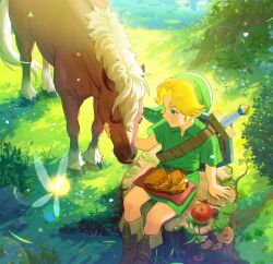 1boy apple arm_support belt belt_buckle blonde_hair blue_eyes blush boots brown_belt brown_boots buckle bush closed_mouth commentary_request day epona fairy flower food fruit grass green_hat green_shirt green_shorts green_tunic hand_up hat highres horse leaf lens_flare light_particles lily_pad link looking_to_the_side lying male_focus moss mushroom nintendo nshi on_back outdoors parted_bangs plant pointy_ears sandwich shield shield_on_back shirt short_hair short_sleeves shorts sidelocks sitting sitting_on_tree_stump smile solo sword tatl the_legend_of_zelda the_legend_of_zelda:_majora&#039;s_mask the_legend_of_zelda:_ocarina_of_time tree_stump tunic water weapon weapon_on_back white_flower young_link