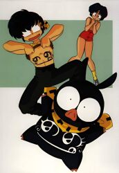 1girl animal artist_request bandana full_body hibiki_ryouga highres legs official_art open_mouth p-chan pig ranma_1/2 red_shorts short_hair shorts socks tattoo tendou_akane white_footwear yellow_bandana yellow_socks
