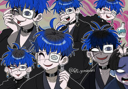2boys black_choker black_hair blue_hair choker closed_eyes commentary_request earrings eyepatch facial_mark flask furukawa_(yomawari) grabbing_another&#039;s_hair haori highres holding holding_flask japanese_clothes jewelry kimono male_focus maruko_gaku multiple_boys multiple_views omokage_yugamu piercing scared short_hair smile sweat teeth the_hundred_line_-last_defense_academy- tongue tongue_out