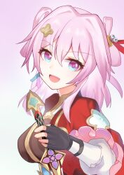 1girl bell black_gloves blue_eyes breasts chinese_clothes commentary earrings fingerless_gloves flower gloves gradient_background hair_flower hair_ornament hairpin holding holding_sword holding_weapon honkai:_star_rail honkai_(series) jacket jewelry jingle_bell long_sleeves mandarin_collar march_7th_(honkai:_star_rail) march_7th_(hunt)_(honkai:_star_rail) medium_breasts medium_hair multicolored_eyes official_alternate_costume official_alternate_hairstyle open_mouth pink_background pink_eyes pink_hair pink_pupils puffy_sleeves red_jacket shuangyaji single_earring smile solo sword two-tone_eyes upper_body weapon white_background white_sleeves zum_rock