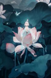 1girl blue_eyes blunt_bangs chinese_clothes commentary egg flower hair_ornament hair_stick highres lotus makeup mini_person minigirl original scarf solo sparkle topknot water_drop white_hair zzzi_gn