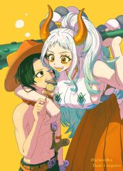 1boy 1girl abs aiwothx arm_around_shoulder artist_name black_hair breasts club_(weapon) colored_tips commentary_request green_hair hat hetero high_ponytail highres holding holding_club holding_weapon horns large_breasts leaning_forward multicolored_hair one_eye_closed one_piece orange_eyes orange_hat ponytail portgas_d._ace rope shimenawa smile tongue tongue_out twitter_username two-tone_hair weapon white_hair yamato_(one_piece)