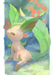 brown_eyes closed_mouth commentary_request day gen_4_pokemon grass happy highres kikuyoshi_(tracco) leafeon nintendo no_humans outdoors pillarboxed pokemon pokemon_(creature) pokemon_focus smile solo watermark