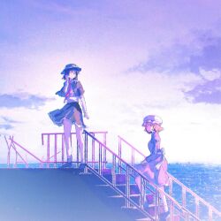 2girls absurdres black_capelet black_shoes black_skirt blonde_hair brown_hair capelet circle_yomado cloud dress full_body hat highres long_sleeves maribel_hearn medium_hair mob_cap multiple_girls necktie ocean purple_dress red_necktie shirt shoes skirt sky socks stairs touhou usami_renko white_shirt white_socks