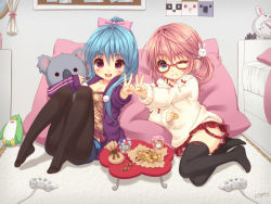 2girls :d alarm_clock artist_name bed bird blue_eyes blue_hair blush_stickers bow bow_legwear breasts rabbit rabbit_hair_ornament candy candy_wrapper checkerboard_cookie cleavage clock controller cookie cup hugging_doll dualshock food game_console game_controller gamepad glasses grin hair_bow hair_ornament hairclip hood hooded_track_jacket jacket koala medium_breasts miriry multiple_girls no_shoes hugging_object one_eye_closed open_clothes open_jacket open_mouth original pantyhose penguin pink_hair playstation_2 playstation_controller ponytail purple_eyes red-framed_eyewear sitting skirt smile stuffed_animal stuffed_penguin stuffed_toy sweater thighhighs track_jacket v wink zettai_ryouiki