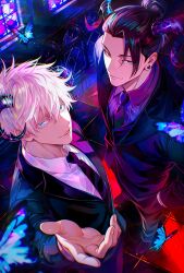 Rule 34 | 2boys, beckoning, black hair, black jacket, black necktie, black shoes, black suit, blue butterfly, blue eyes, bug, butterfly, buttons, closed mouth, collared shirt, colored eyelashes, commentary request, dragon horns, ear piercing, earrings, fang, fang out, fingernails, formal clothes, from above, getou suguru, gojou satoru, hair between eyes, hair bun, hair pulled back, hand in pocket, highres, horns, indoors, insect, jacket, jewelry, jujutsu kaisen, lapels, light particles, long sleeves, looking at viewer, male focus, multiple boys, necktie, notched lapels, parted lips, piercing, plug (piercing), purple necktie, purple shirt, ribbed shirt, shibakawaiiii, shirt, shoes, short hair, single hair bun, smile, stained glass, standing, stud earrings, suit, suit jacket, teeth, tile floor, tiles, upper teeth only, very short hair, white eyelashes, white hair, white shirt, wing collar