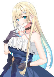 1girl absurdres aizawa_ema aizawa_ema_(1st_costume) aqua_hair asymmetrical_sidelocks bad_anatomy bad_hands bare_shoulders black_gloves blonde_hair blue_dress blue_eyes choker dress earrings flower_hairpin gloves gradient_hair hair_flaps hair_ornament hairpin highres jewelry lace lace_choker looking_at_viewer lower_teeth_only multicolored_hair nakano_kura open_mouth parted_bangs pendant_choker simple_background sleeveless sleeveless_dress solo teeth upper_body virtual_youtuber vspo! white_background