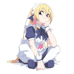 1girl apron black_dress black_shoes blonde_hair blue_eyes blush closed_mouth dress hair_ribbon hand_on_own_cheek hand_on_own_face highres long_hair looking_at_viewer maid maid_headdress original pink_hair ribbon shoes short_sleeves simple_background sitting solo thighhighs very_long_hair white_apron white_background white_thighhighs yachima_tana yachimata_kana