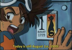 Rule 34 | 1boy, calendar, cat, digimon, digimon (creature), goggles, goggles on head, highres, male focus, meme, open mouth, solo, teeth, yagami taichi