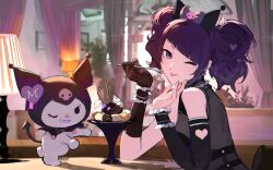 2girls bare_shoulders black_bow blunt_bangs bow brown_gloves closed_mouth clothing_cutout cream curtains detached_sleeves diagonal_bangs elbow_gloves food frilled_wrist_cuffs frills from_side gloves grey_bow grey_shirt grin hair_bow hair_ornament heart heart_cutout heart_hair_ornament highres holding holding_spoon ice_cream idolmaster idolmaster_shiny_colors kuromi lamp long_sleeves looking_at_viewer mole mole_under_eye multiple_girls one_eye_closed onegai_my_melody picture_frame plant potted_plant pretzel purple_eyes purple_hair sanrio shirt short_twintails single_detached_sleeve single_glove skull_hair_ornament sleeveless sleeveless_shirt smile spoon sundae table tanaka_mamimi tongue tongue_out twintails upper_body wrist_cuffs zhili_xingzou