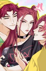 Rule 34 | 1girl, 2boys, abby (kpop demon hunters), anger vein, annoyed, beanie, black choker, black gloves, black shirt, brown eyes, choker, close-up, closed mouth, collarbone, earrings, eyeshadow, fingerless gloves, from side, gloves, green shirt, group sex, hand in another&#039;s hair, happy, hat, head tilt, hetero, jewelry, kiyukyuu, kpop demon hunters, leaning forward, leaning on person, leaning to the side, long hair, looking at another, looking down, looking to the side, looking up, makeup, mira (kpop demon hunters), mmf threesome, multiple boys, muscular, muscular male, parted bangs, pink hair, pink lips, purple eyeshadow, purple nails, red hair, romance (kpop demon hunters), shirt, short hair, smile, smirk, standing, teeth, thick lips, threesome, twintails, upper body, wavy hair, yellow shirt
