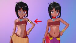 1girl bandeau black_hair breasts cleavage dark-skinned_female dark_skin etrian_odyssey hand_on_own_hip highleg highleg_one-piece_swimsuit highres large_breasts looking_at_viewer medium_breasts navel one-piece_swimsuit pants ponytail purple_eyes sarong shilleka smile solo swimsuit tribal underboob