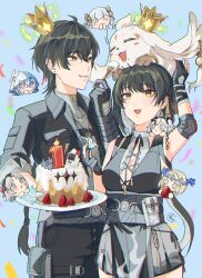 1boy 1girl abby_(wuthering_waves) black_gloves black_hair black_jacket black_pants breasts camellya_(wuthering_waves) carlotta_(wuthering_waves) cartethyia_(wuthering_waves) colored_inner_hair commentary_request confetti cross-laced_clothes cross-laced_dress crown cube_(wuthering_waves) dress dual_persona elbow_pads female_rover_(wuthering_waves) gloves grey_shirt hair_ribbon hand_up highres jacket jewelry jinhsi_(wuthering_waves) large_breasts long_hair male_rover_(wuthering_waves) multicolored_hair necklace nekomu_10 objectification pants pelvic_curtain ribbon rover_(wuthering_waves) shirt shorekeeper_(wuthering_waves) sleeveless sleeveless_dress smile wuthering_waves yellow_eyes yellow_ribbon