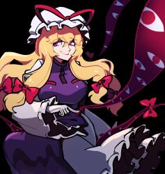 1girl black_background blonde_hair bow closed_mouth dress gap_(touhou) gloves hair_bow hat hat_ribbon highres iganashi1 long_hair long_sleeves looking_to_the_side mob_cap one-hour_drawing_challenge purple_eyes red_ribbon ribbon smile solo tabard touhou white_dress white_gloves white_hat yakumo_yukari